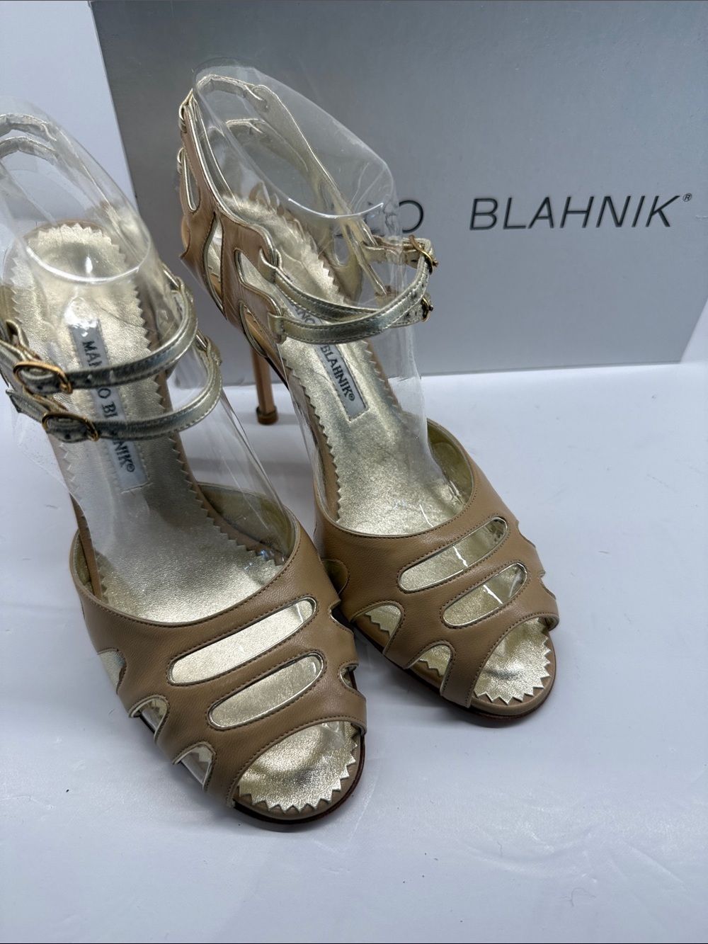 Manolo Blahnik Nude Beige Leather Cutout Ankle-Strap Heels with Gold Accents